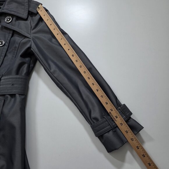 London Fog Trench Coat Womens PS Gray Metallic Pockets Belt Buttons Detach Liner - Picture 6 of 16